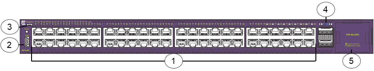 Front panel view of 5520-48T switch showing fixed ports, USB port, LEDs, and VIM slot. Front panel view of 5520-48T switch showing fixed ports, USB port, LEDs, and VIM slot.